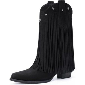 Women's Black Suede Mid Calf Cowgirl Boots With Star Studded Pointed Toe